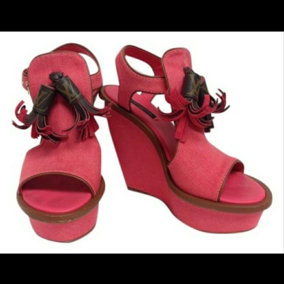 Coral denim LV Momogram Tassle wedges - Picture 5 of 7